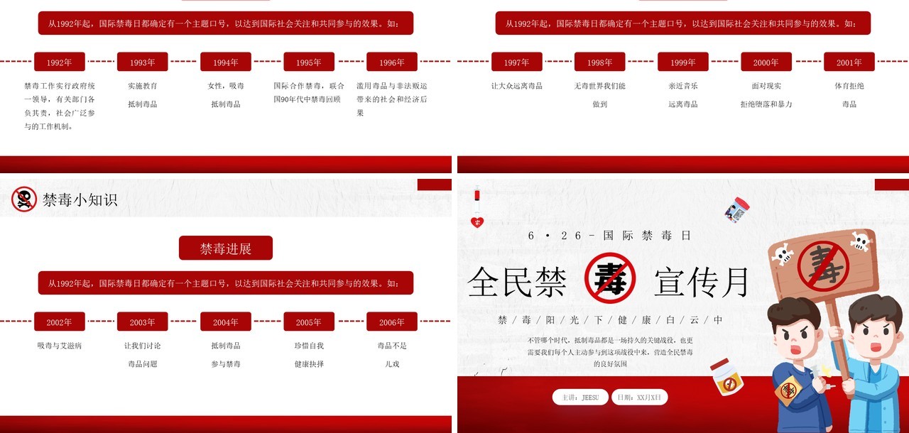 红色卡通风全民禁毒宣传月PPT模板