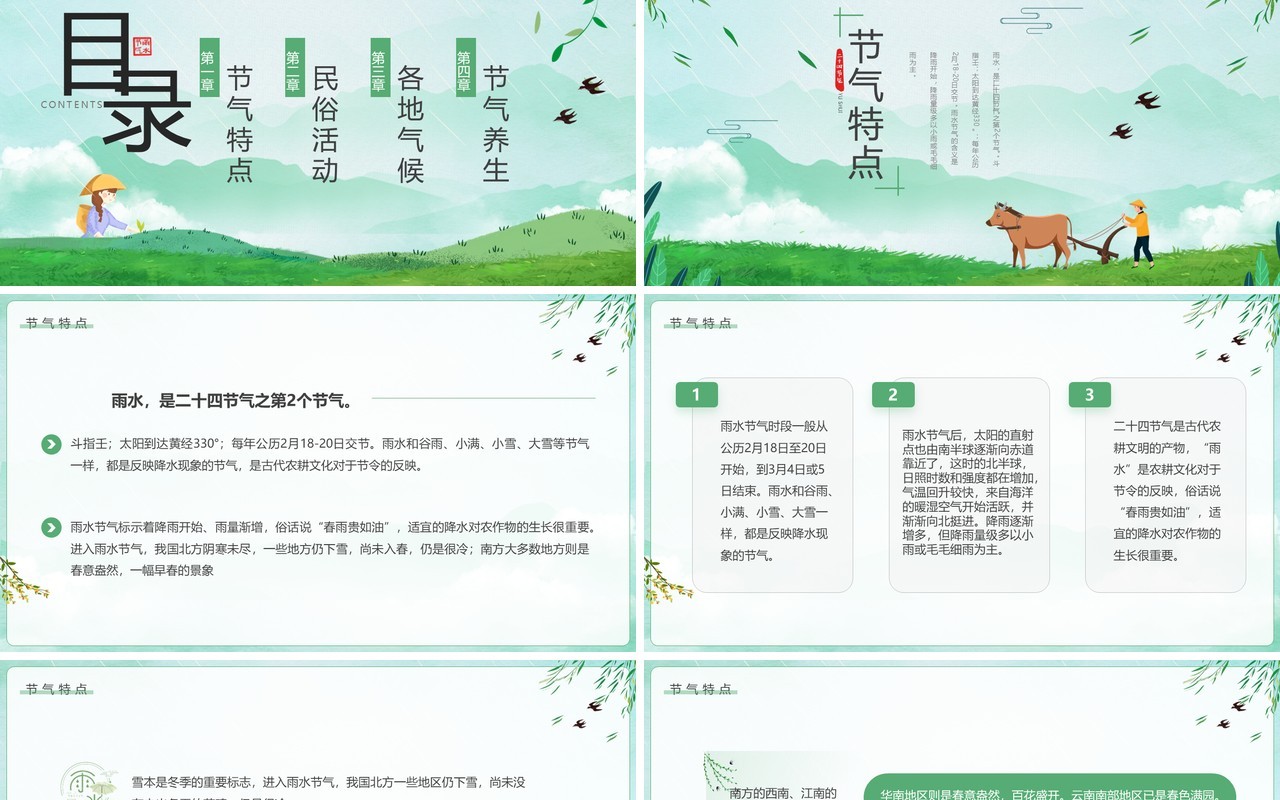 绿色清新卡通风二十四节气之雨水PPT模板