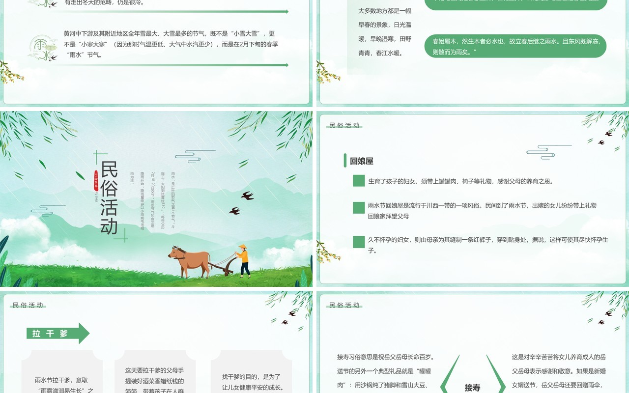绿色清新卡通风二十四节气之雨水PPT模板