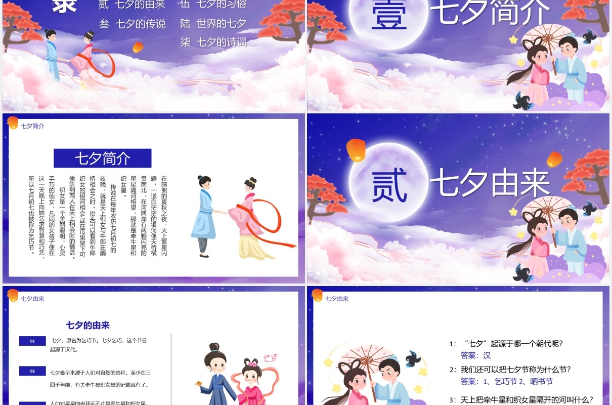 蓝色情定七夕情人节主题介绍PPT模板