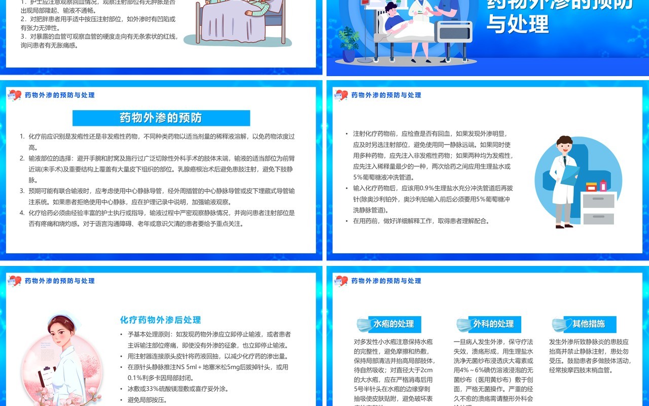 蓝色插画风药物外渗的预防与处理PPT模板