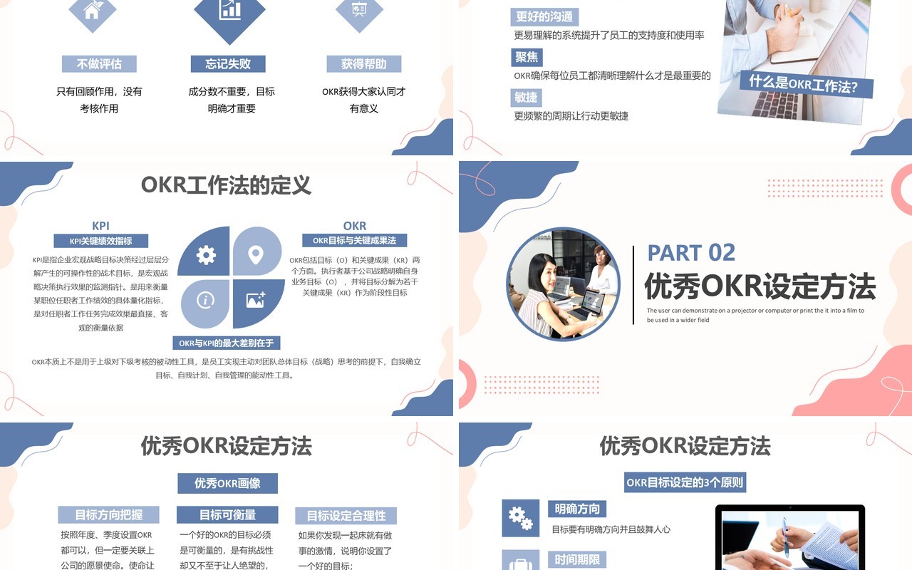 蓝粉色简约企业培训OKR工作法介绍PPT模板