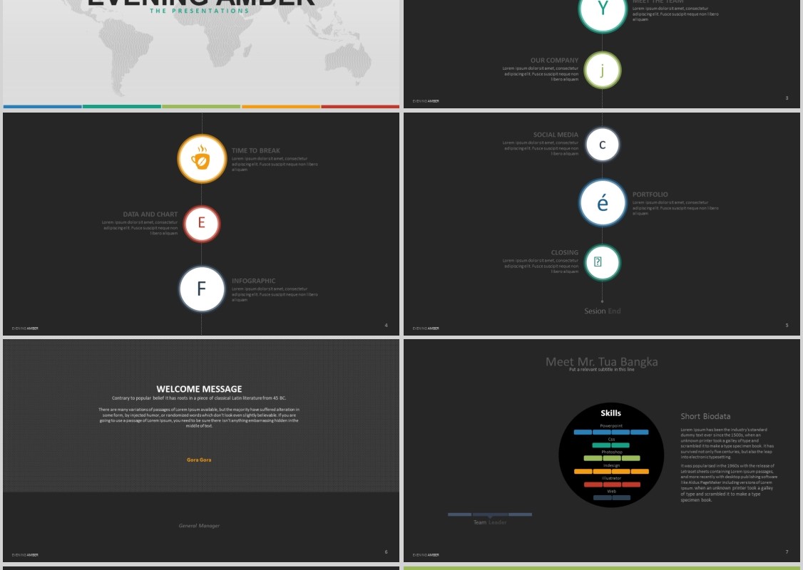 深色世界地图数据分析PPT信息图表模板EVENING AMBER Powerpoint