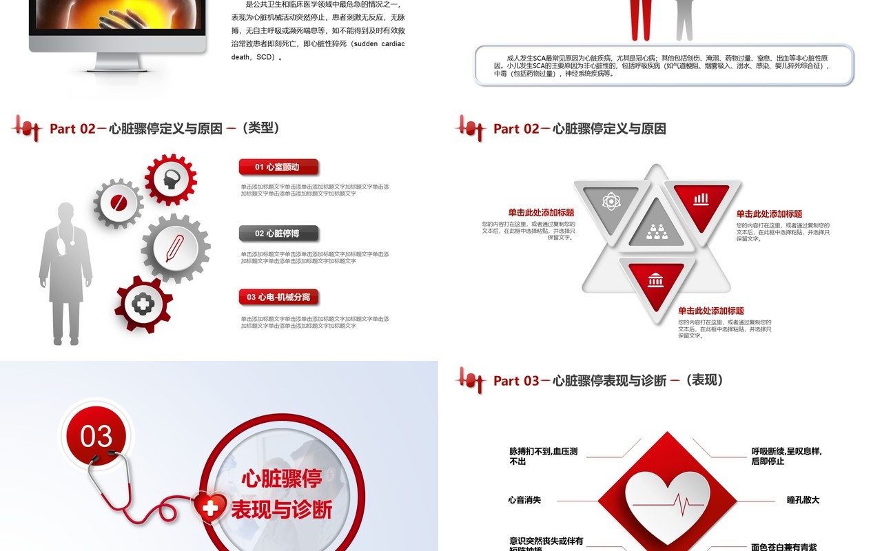 红色微粒体医疗健康心脏骤停心肺复苏急救知识操作方法培训PPT模板