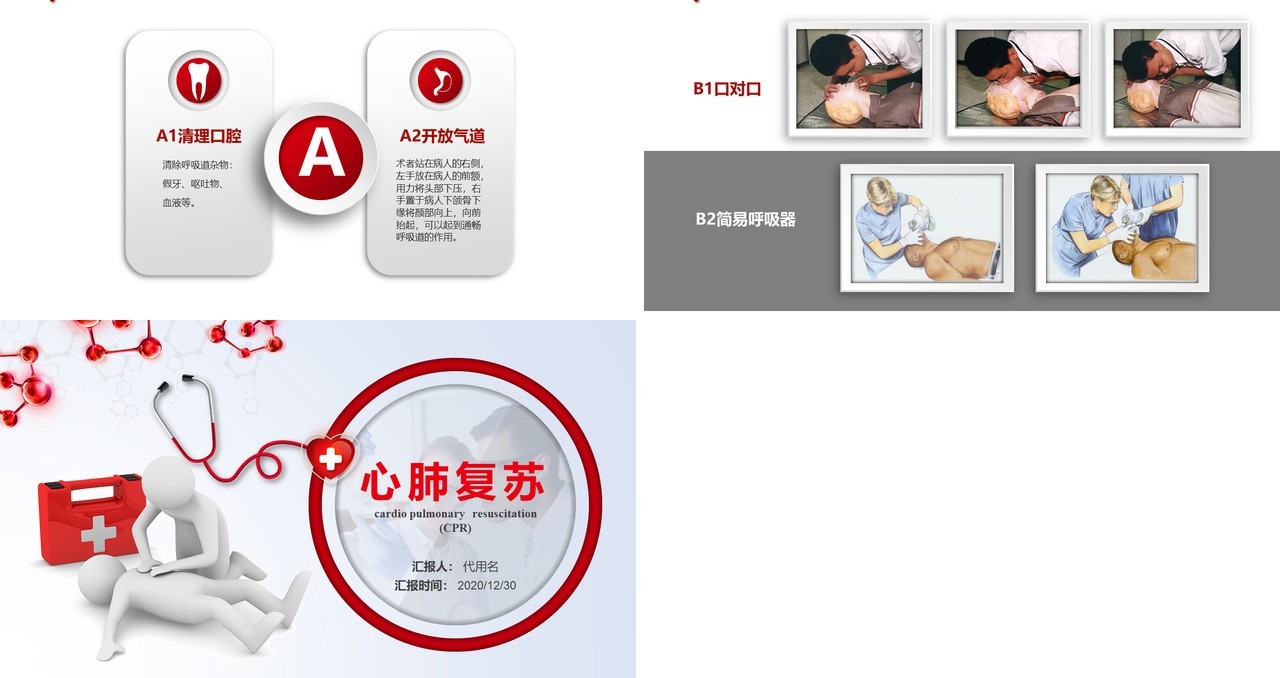红色微粒体医疗健康心脏骤停心肺复苏急救知识操作方法培训PPT模板