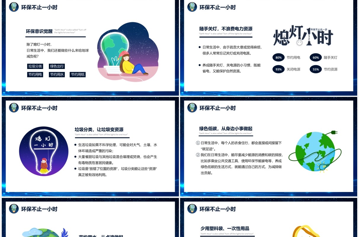 蓝色简约卡通地球一小时教育培训PPT模板