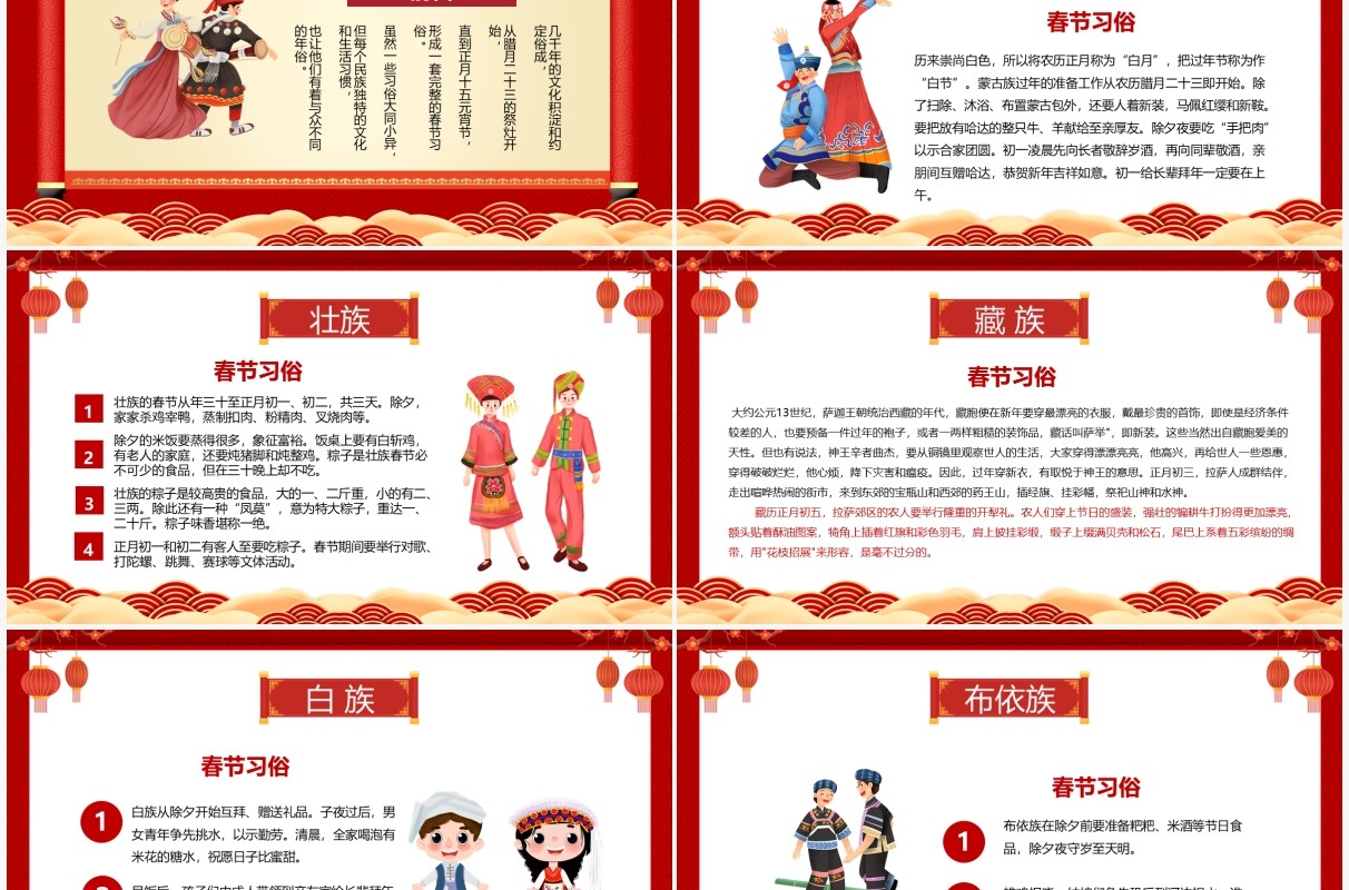 红色中国风少数民族春节习俗介绍PPT模板
