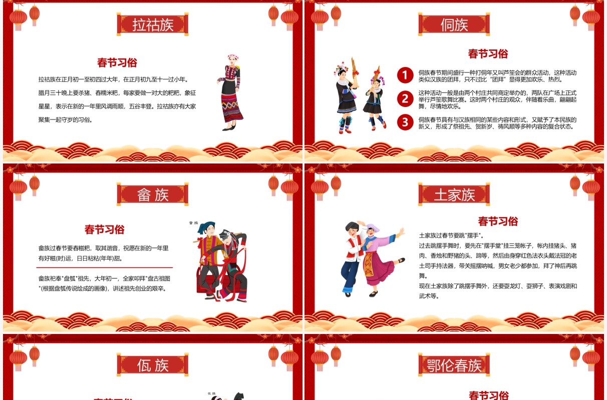 红色中国风少数民族春节习俗介绍PPT模板