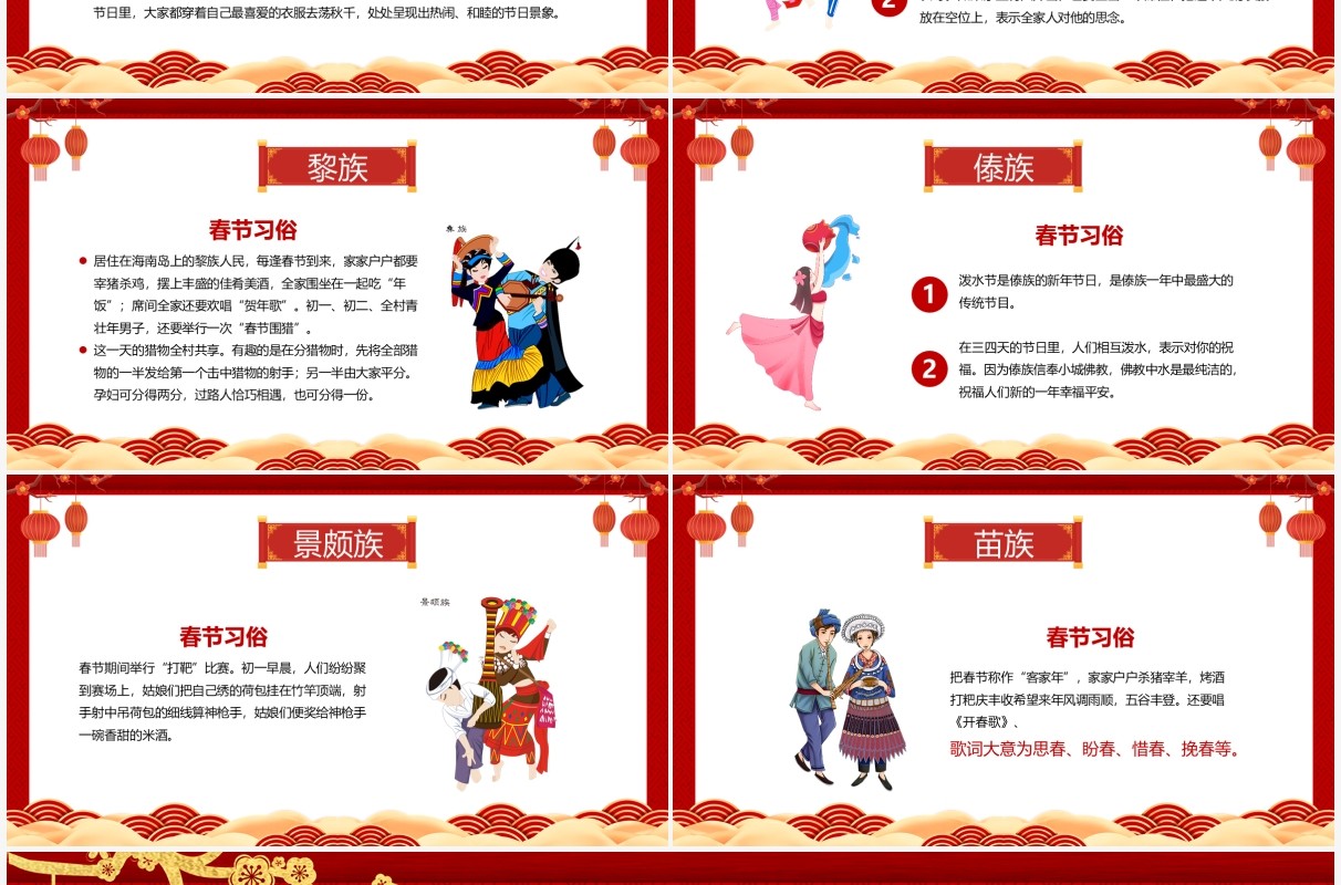 红色中国风少数民族春节习俗介绍PPT模板