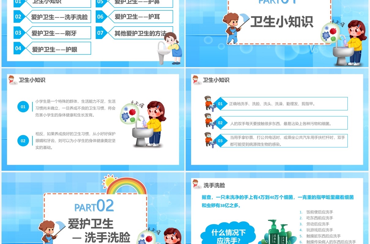 蓝色卡通风养成良好的个人卫生习惯通用PPT模板
