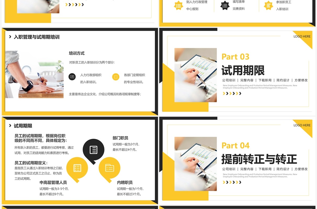 黄色新员工入职与试用期管理办法PPT模板
