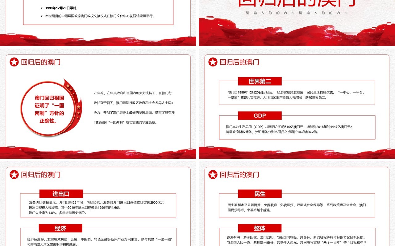 红色简约中国风澳门回归23周年PPT模板