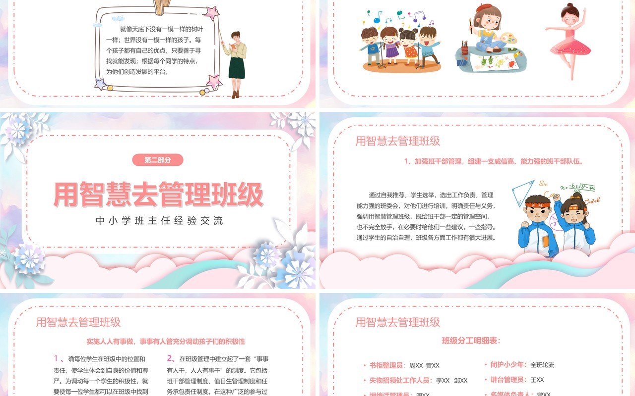 粉色花卉中小学班主任经验交流教师课件PPT模板