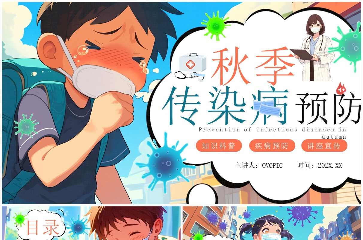 蓝色卡通风秋季传染病预防知识科普PPT模板