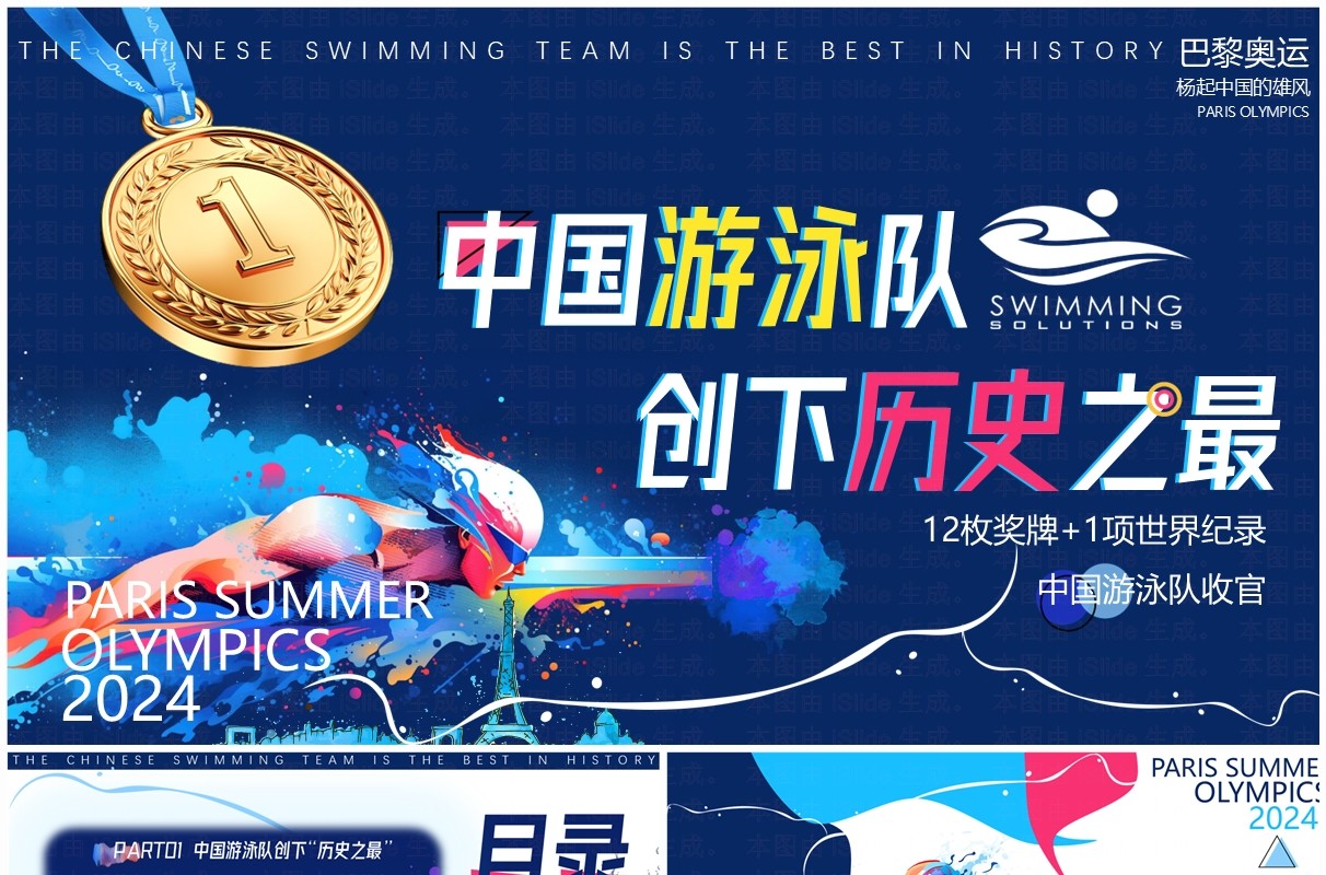 蓝色简约风巴黎奥运会中国游泳队创下历史之最PPT模板