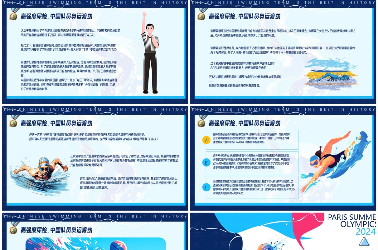 蓝色简约风巴黎奥运会中国游泳队创下历史之最PPT模板