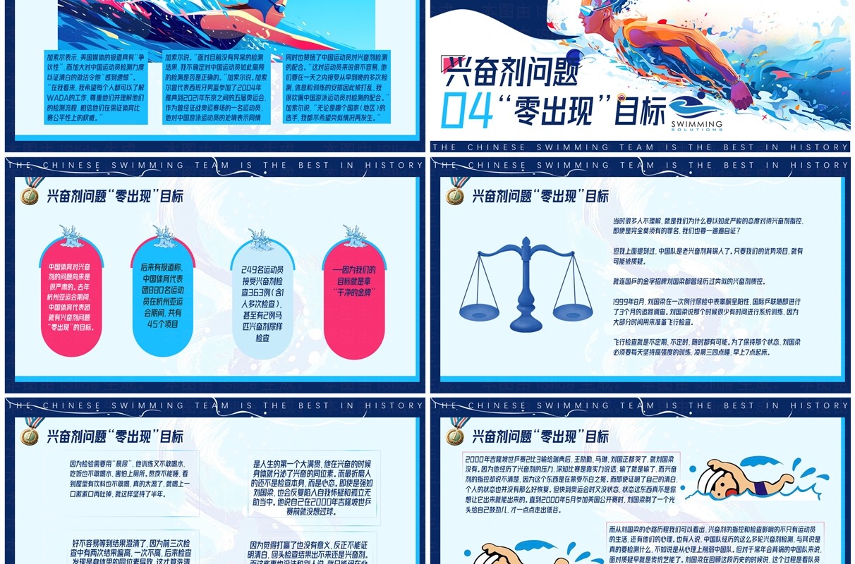 蓝色简约风巴黎奥运会中国游泳队创下历史之最PPT模板