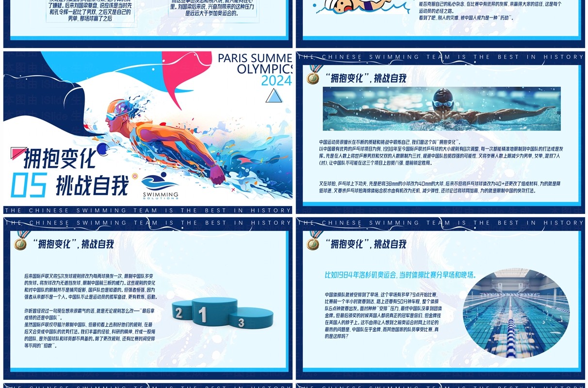 蓝色简约风巴黎奥运会中国游泳队创下历史之最PPT模板