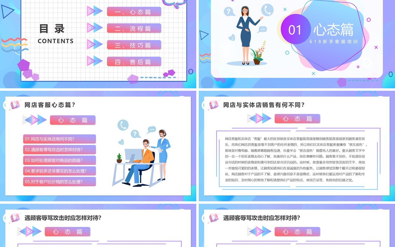 蓝色卡通618新手客服培训PPT模板