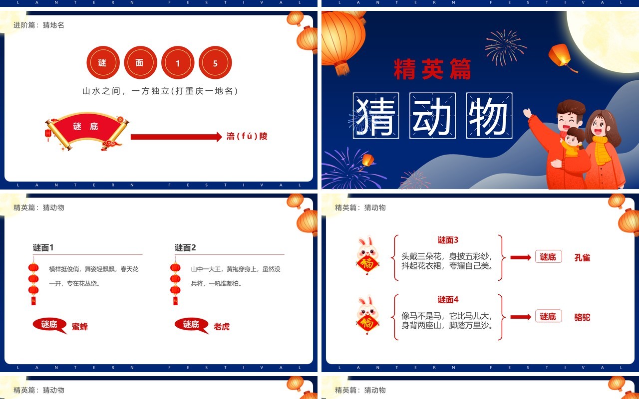 蓝色卡通中国风元宵节猜灯谜PPT模板