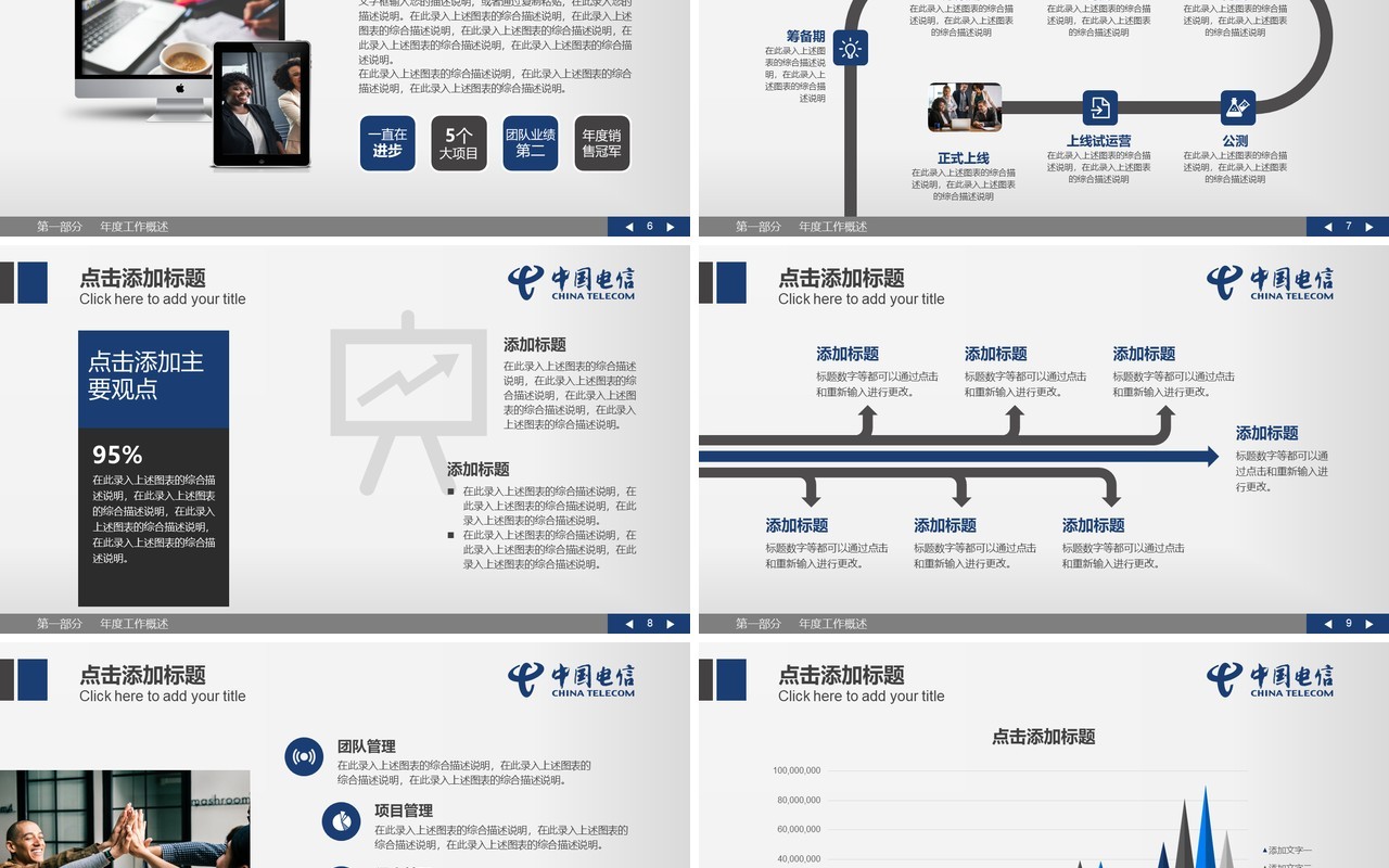 蓝色简约中国电信工作总结汇报PPT模板
