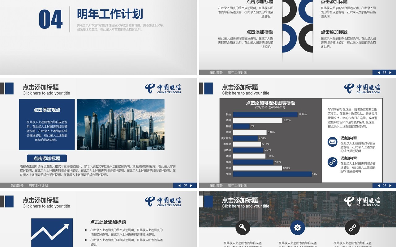 蓝色简约中国电信工作总结汇报PPT模板