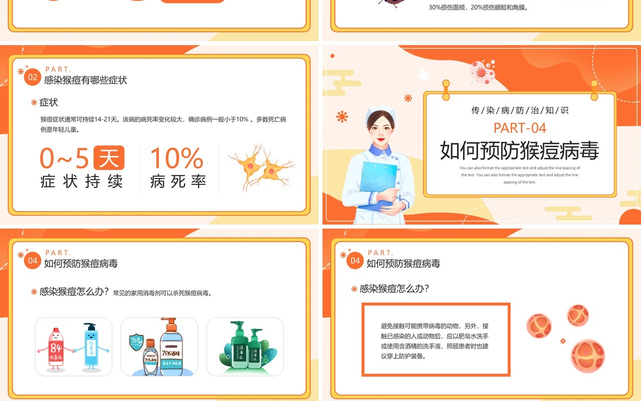 橙色卡通风猴痘病毒知识科普PPT模板