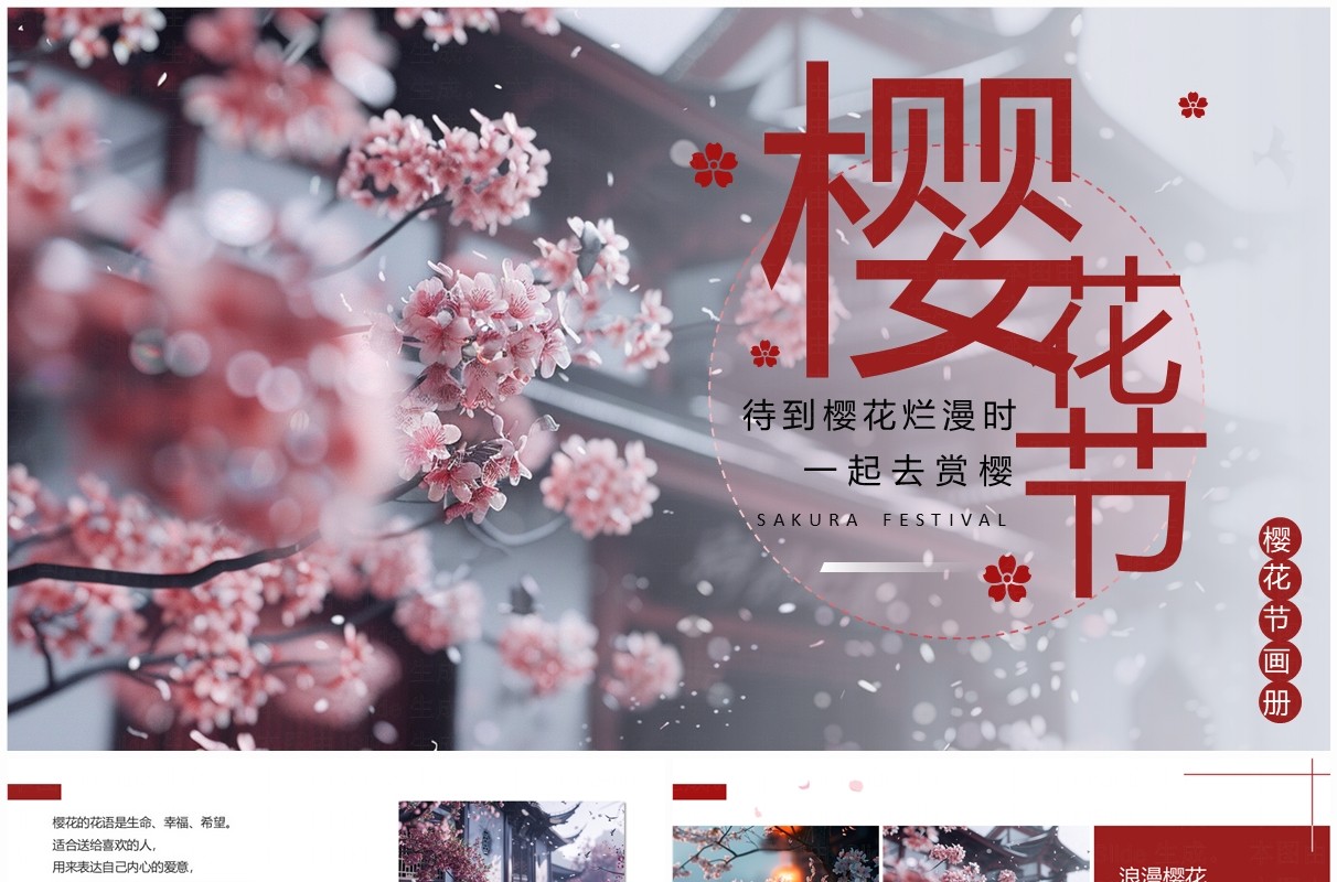 红色小清新樱花节赏樱画册PPT通用模板