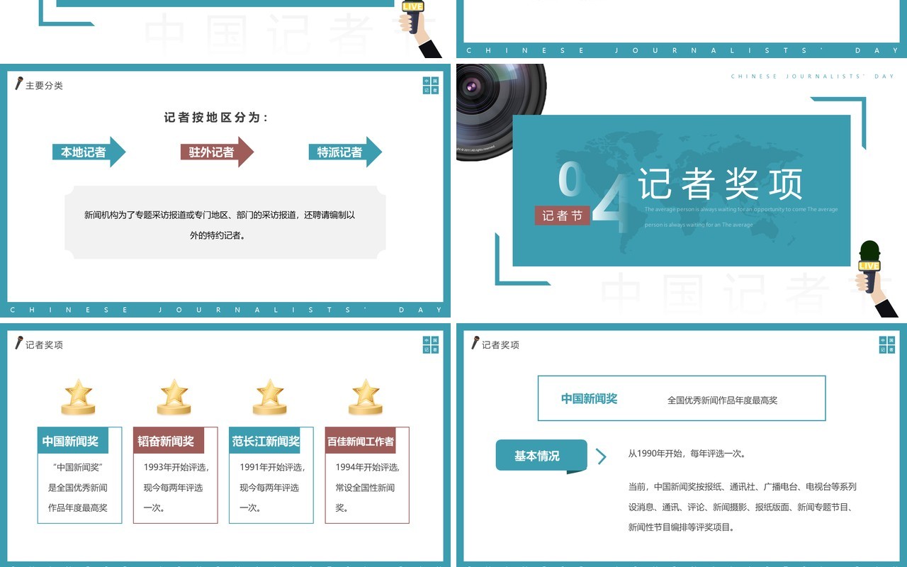 蓝色简约风中国记者节宣传介绍PPT模板