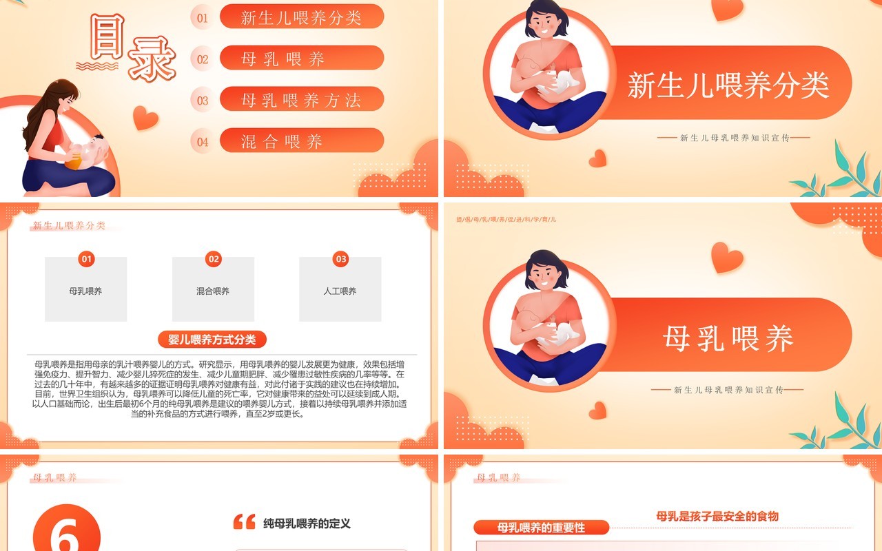 橙色卡通风新生儿母乳喂养知识PPT模板