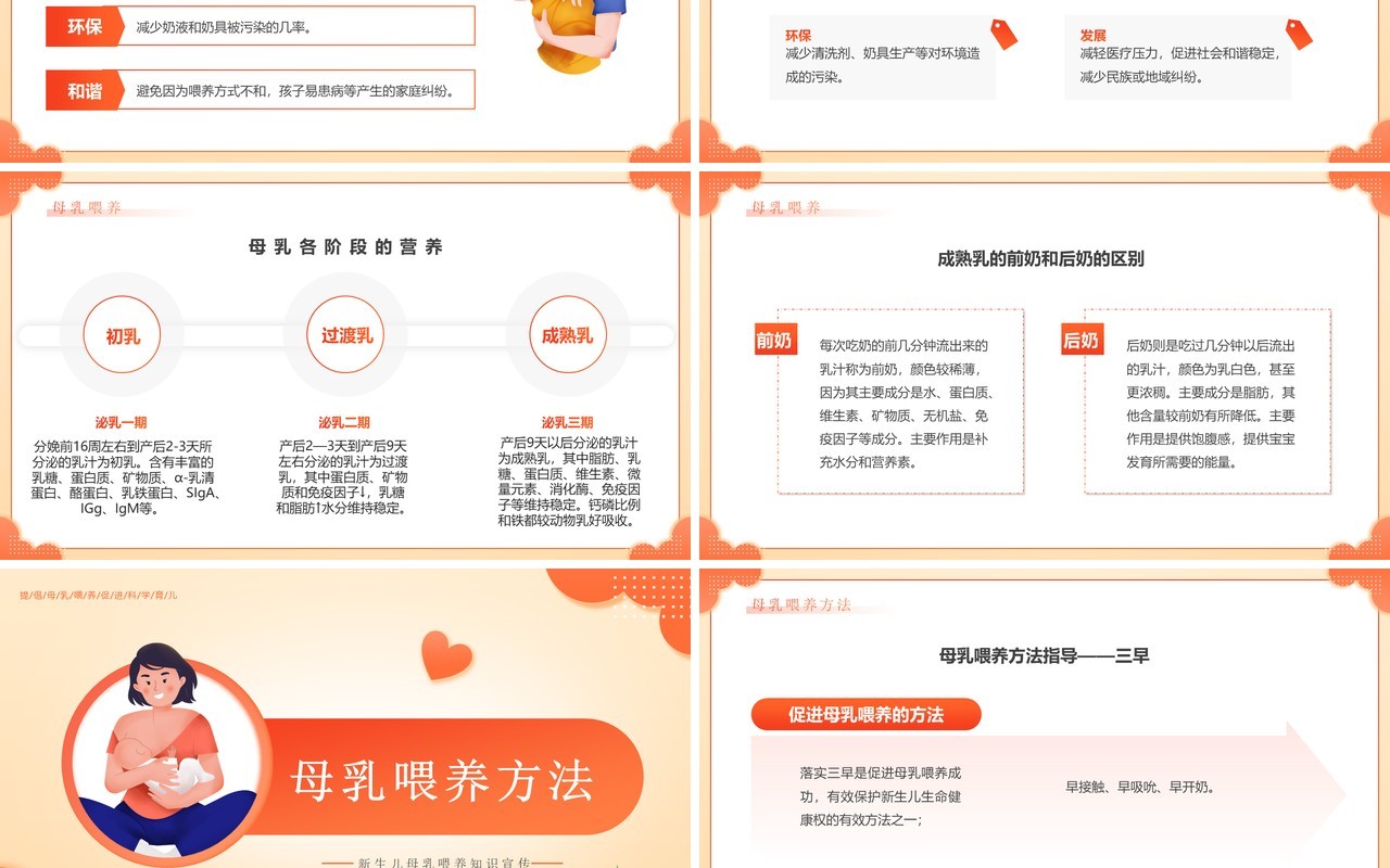 橙色卡通风新生儿母乳喂养知识PPT模板