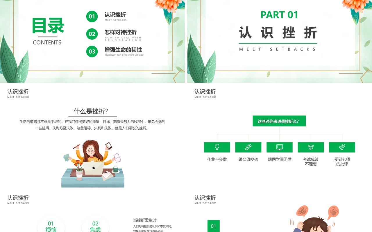 绿色简约增强心理生命的韧性主题班会PPT模板