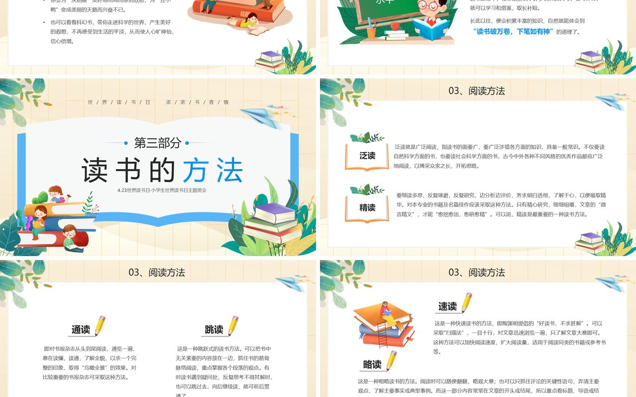 绿色卡通风小学生世界读书日PPT模板