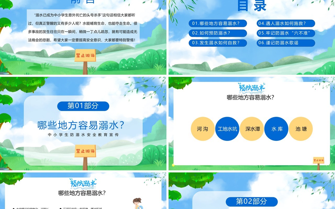蓝色卡通风中小学生防溺水安全教育PPT模板