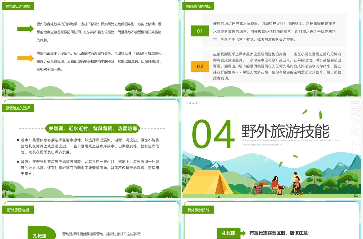绿色卡通风野外露营旅游攻略PPT模板