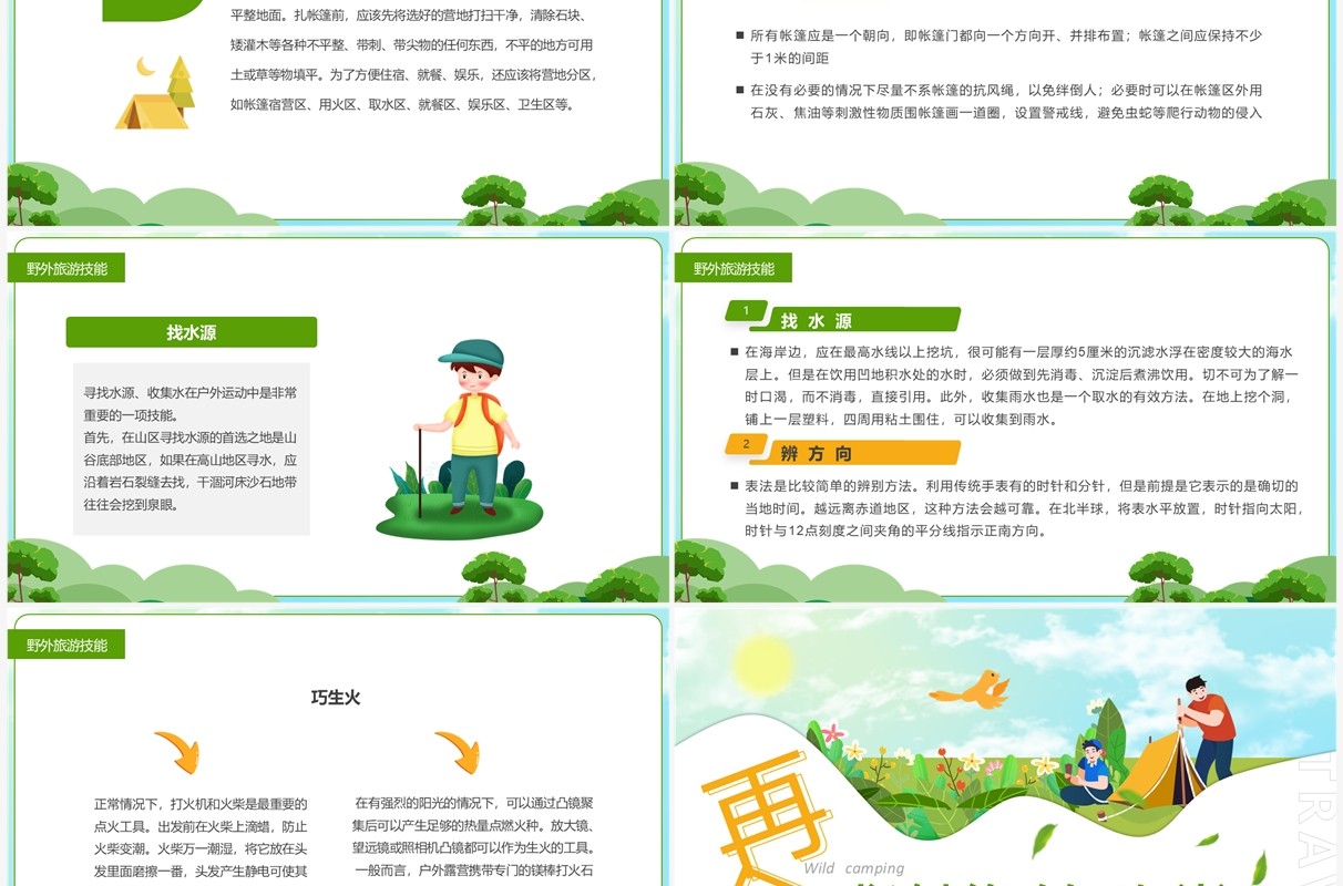 绿色卡通风野外露营旅游攻略PPT模板