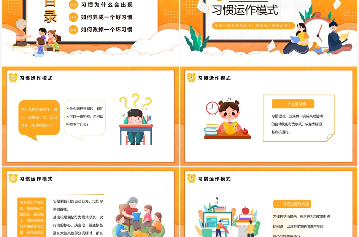 黄色卡通风习惯的力量主题教育PPT模板