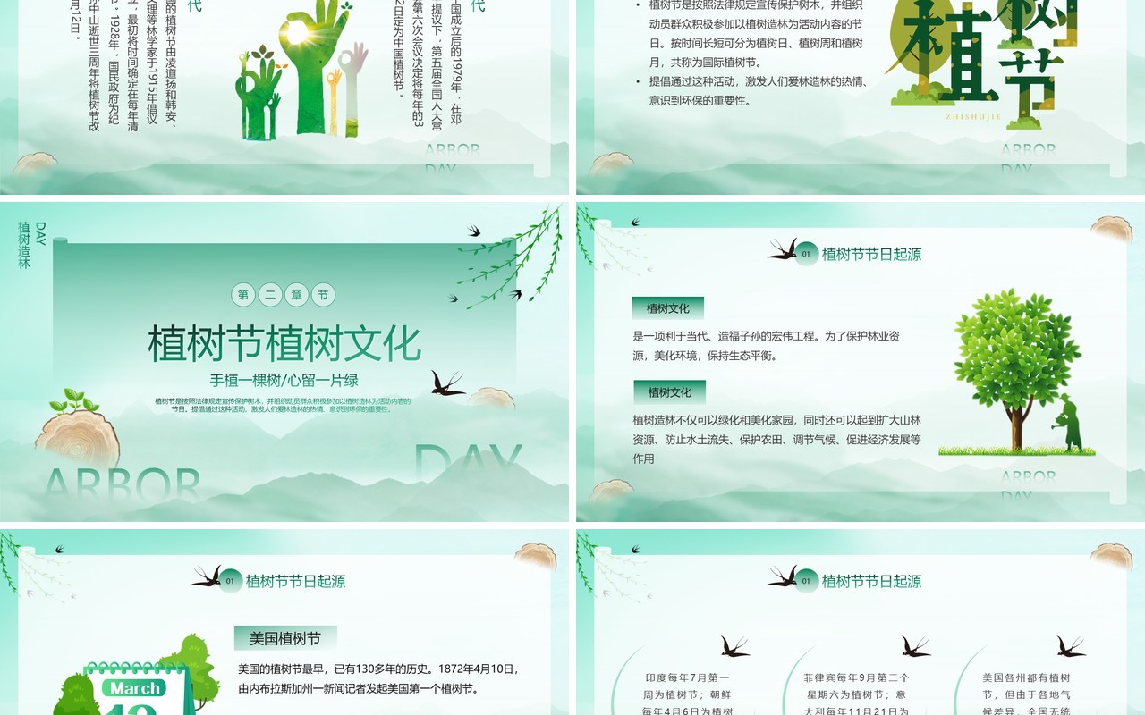 绿色简约水墨风植树节介绍PPT模板