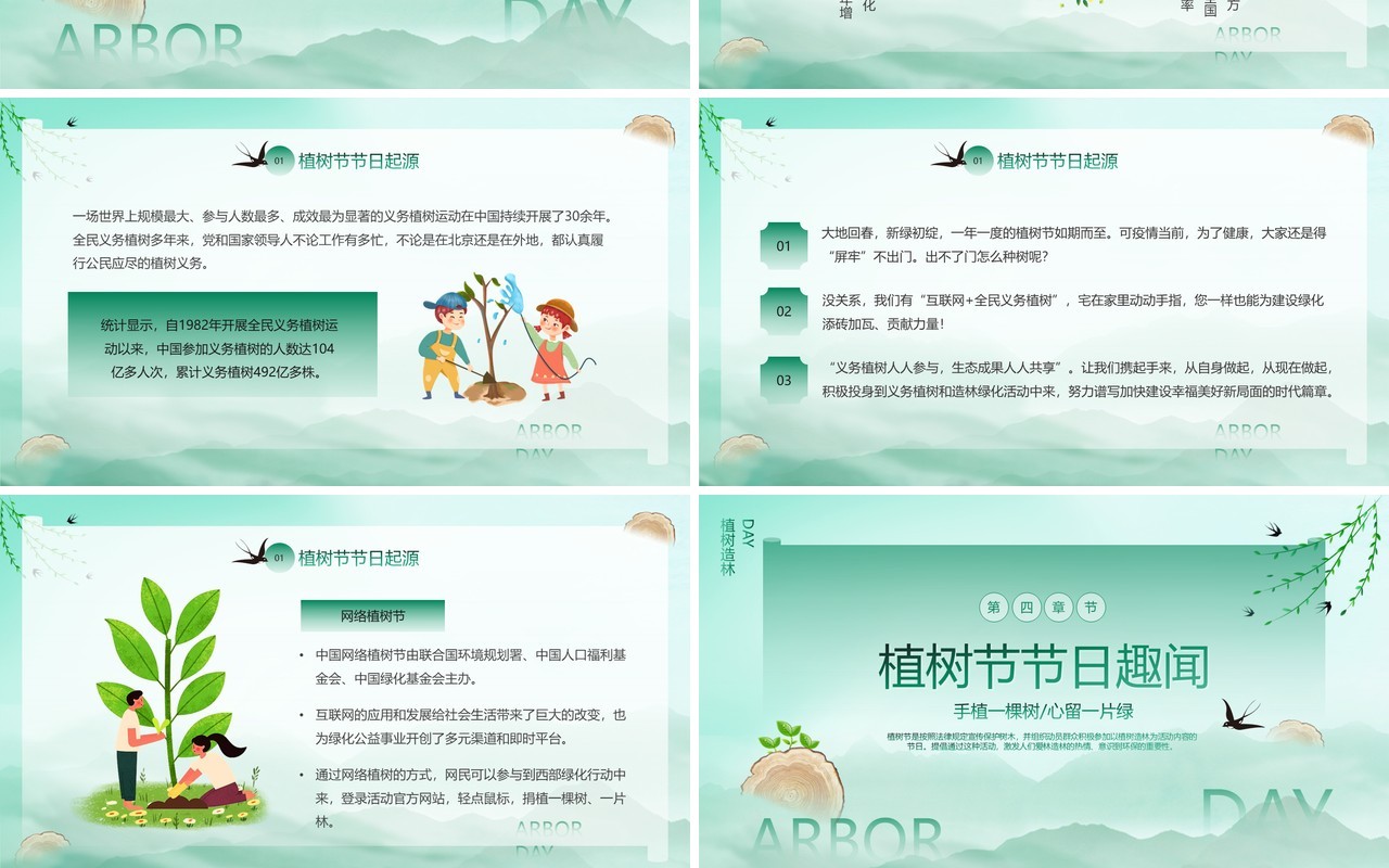 绿色简约水墨风植树节介绍PPT模板