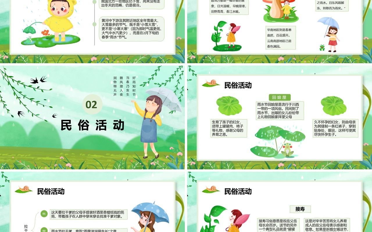 绿色卡通风二十四节气之雨水介绍PPT模板