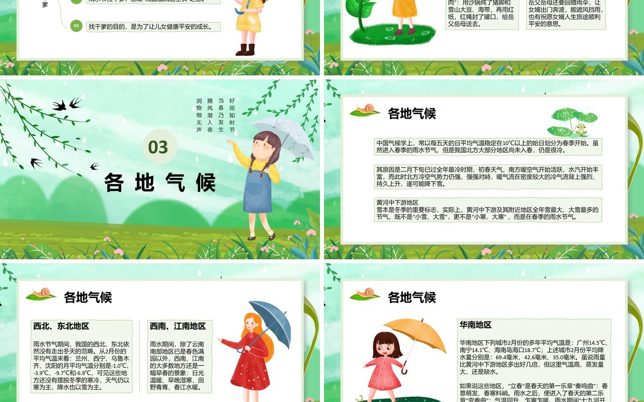 绿色卡通风二十四节气之雨水介绍PPT模板