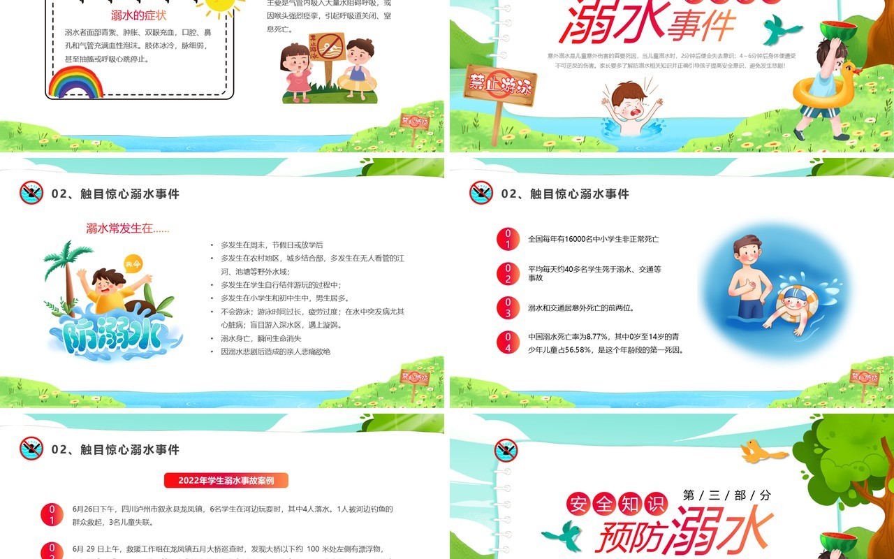 绿色卡通风防溺水安全教育PPT模板