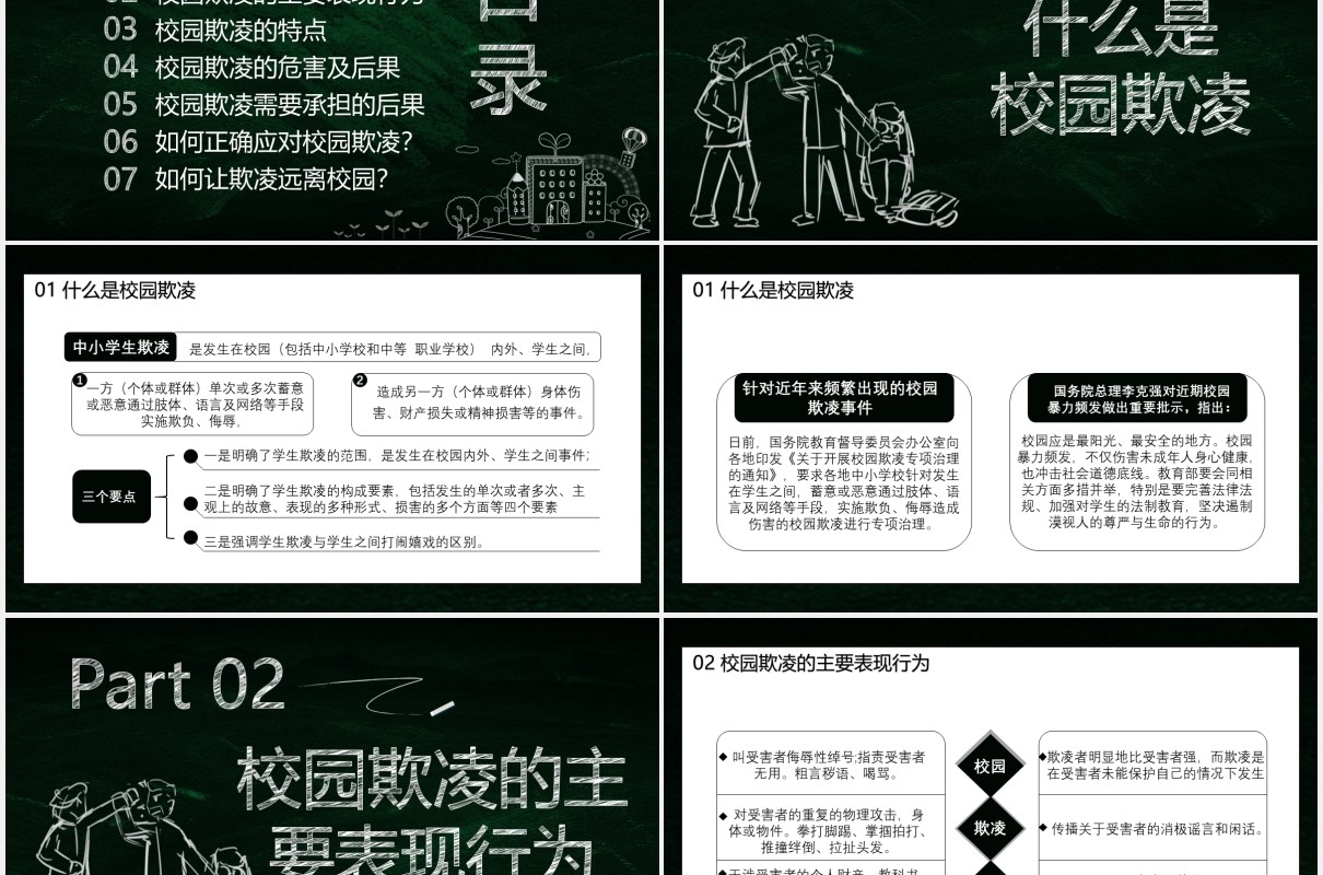 黑板风卡通杜绝校园欺凌共建和谐校园预防霸凌安全教育培训课件PPT模板