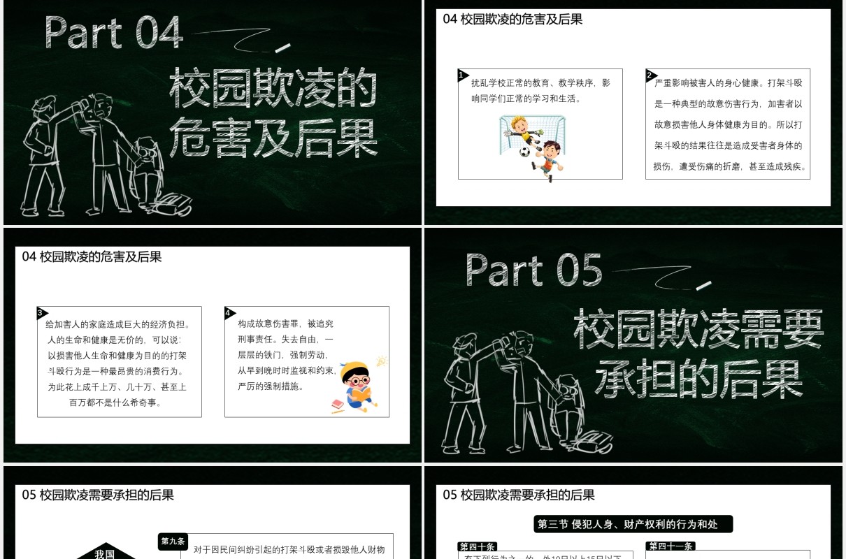 黑板风卡通杜绝校园欺凌共建和谐校园预防霸凌安全教育培训课件PPT模板