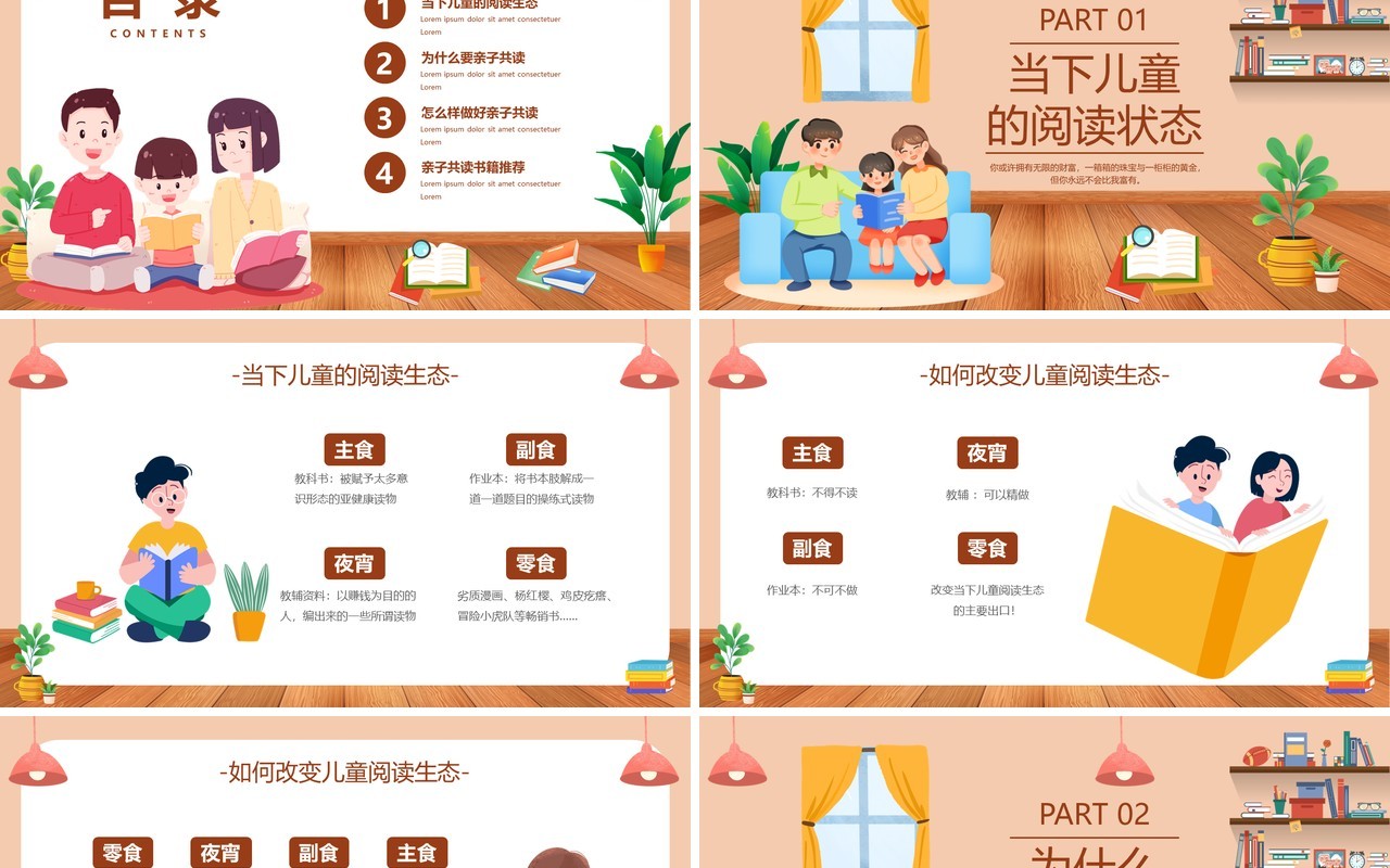 橙色卡通风和孩子一起读书亲子共读PPT模板