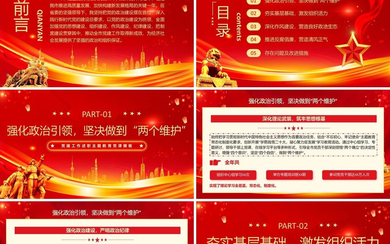 红色党政风书记抓党建工作述职报告PPT模板