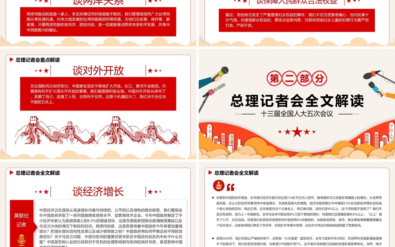 红色简约卡通总理记者会PPT动态模板