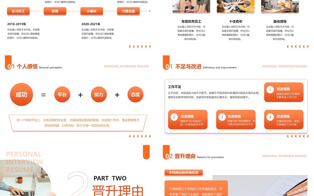 橘色简约商务风个人晋升述职报告PPT模板