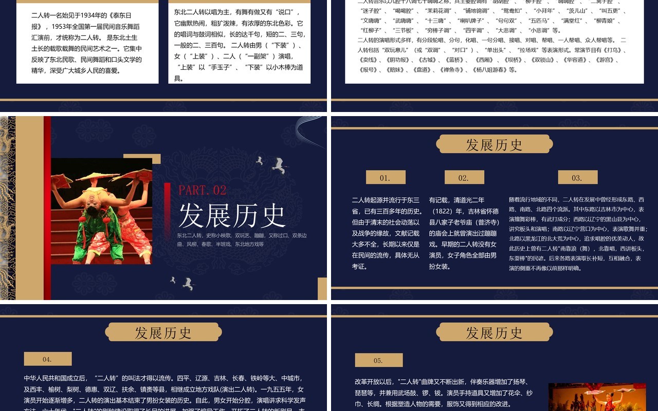 蓝色中国风非遗系列之东北二人转文化PPT模板