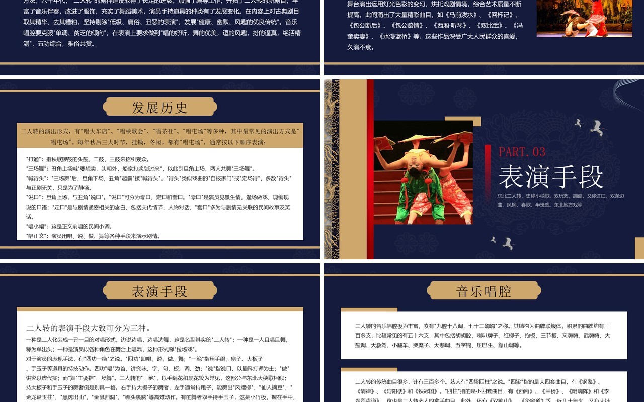 蓝色中国风非遗系列之东北二人转文化PPT模板